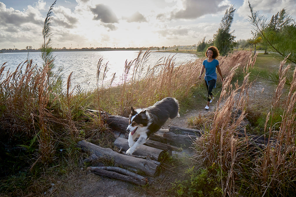 Woman and dog walking a trail beside a lake