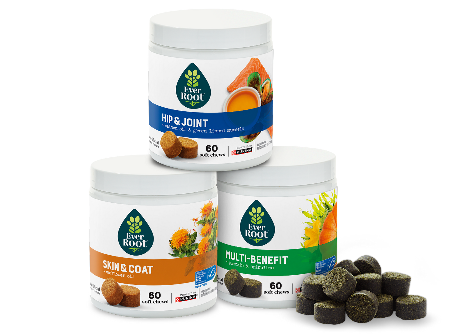 EverRoot Soft Chew product line up - Skin and Coat, Hip and Joint, and Multi-benefit