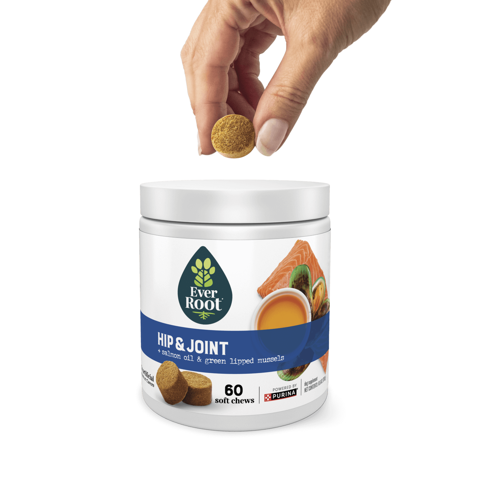 Hand holding a chew, hovering over a container of EverRoot hip and joint soft chews