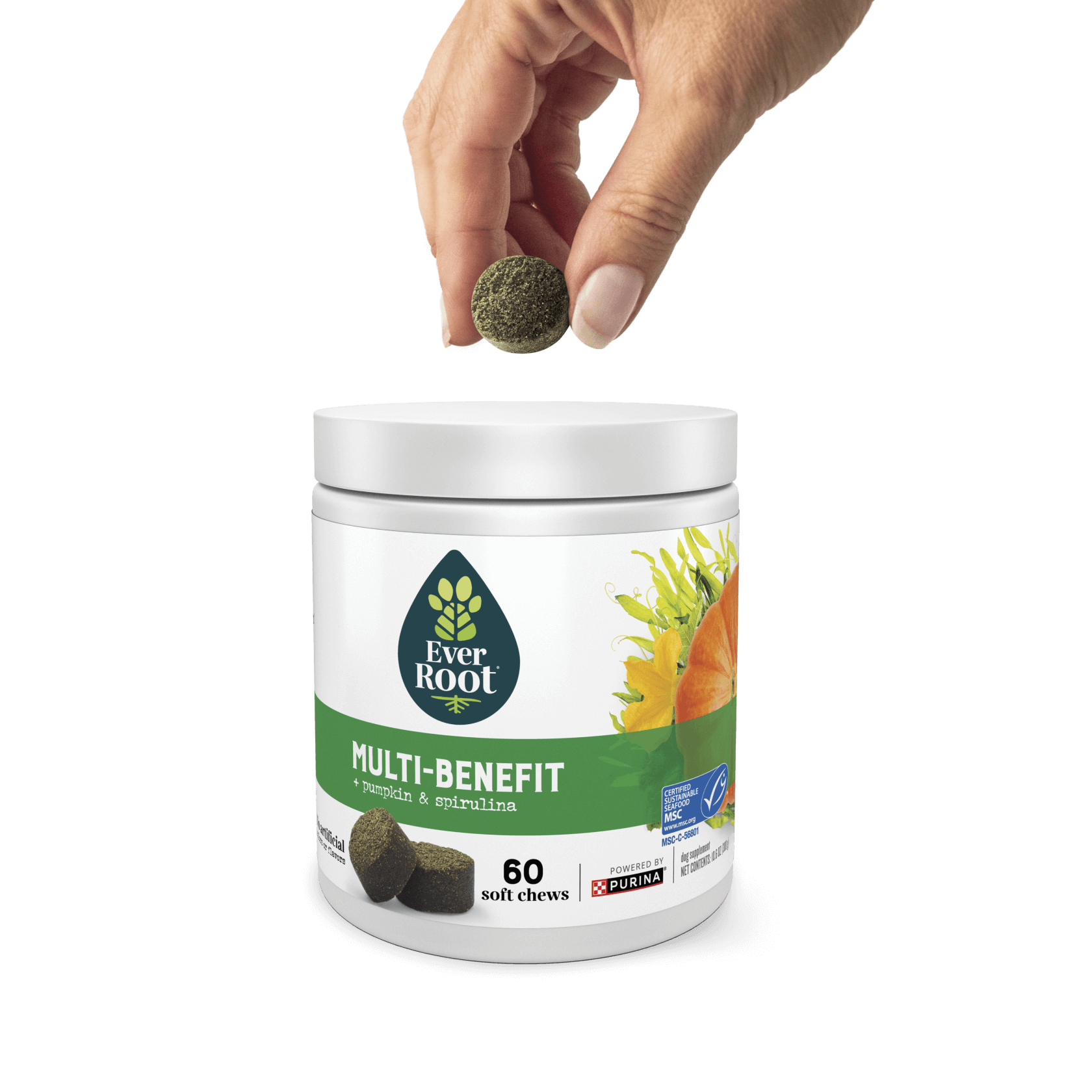 Hand holding a chew, hovering over a container of EverRoot Multi-Benefit soft chews