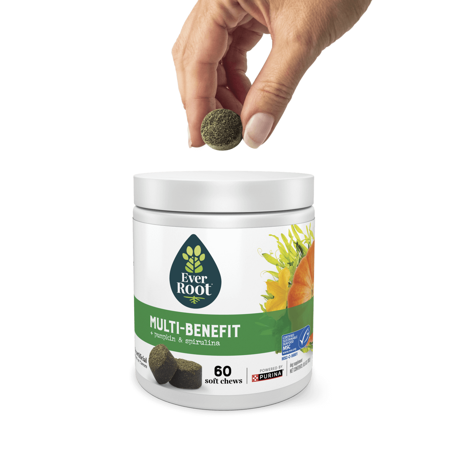 Hand holding a chew, hovering over a container of EverRoot Multi-Benefit soft chews