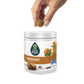 Hand holding a chew, hovering over a container of EverRoot Skin and Coat soft chews