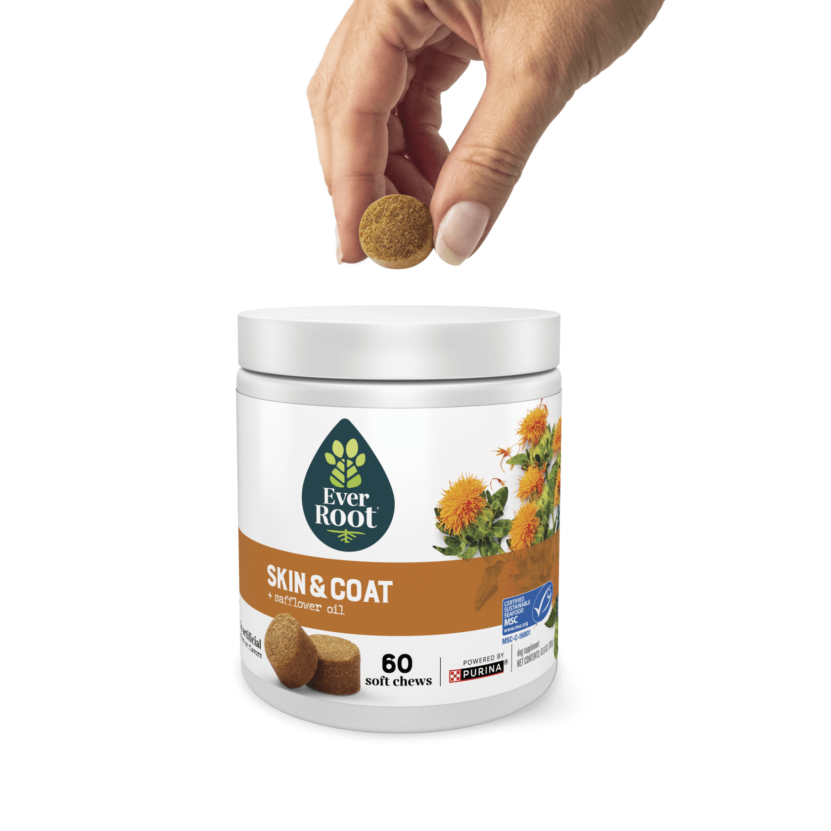 Hand holding a chew, hovering over a container of EverRoot Skin and Coat soft chews