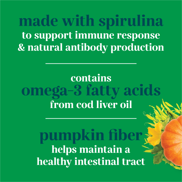 made with spirulina to support immune response and natural antibody production | Contains omega 3 fatty acids from cod liver oil | pumpkin fiber helps maintain a healthy intestinal tract