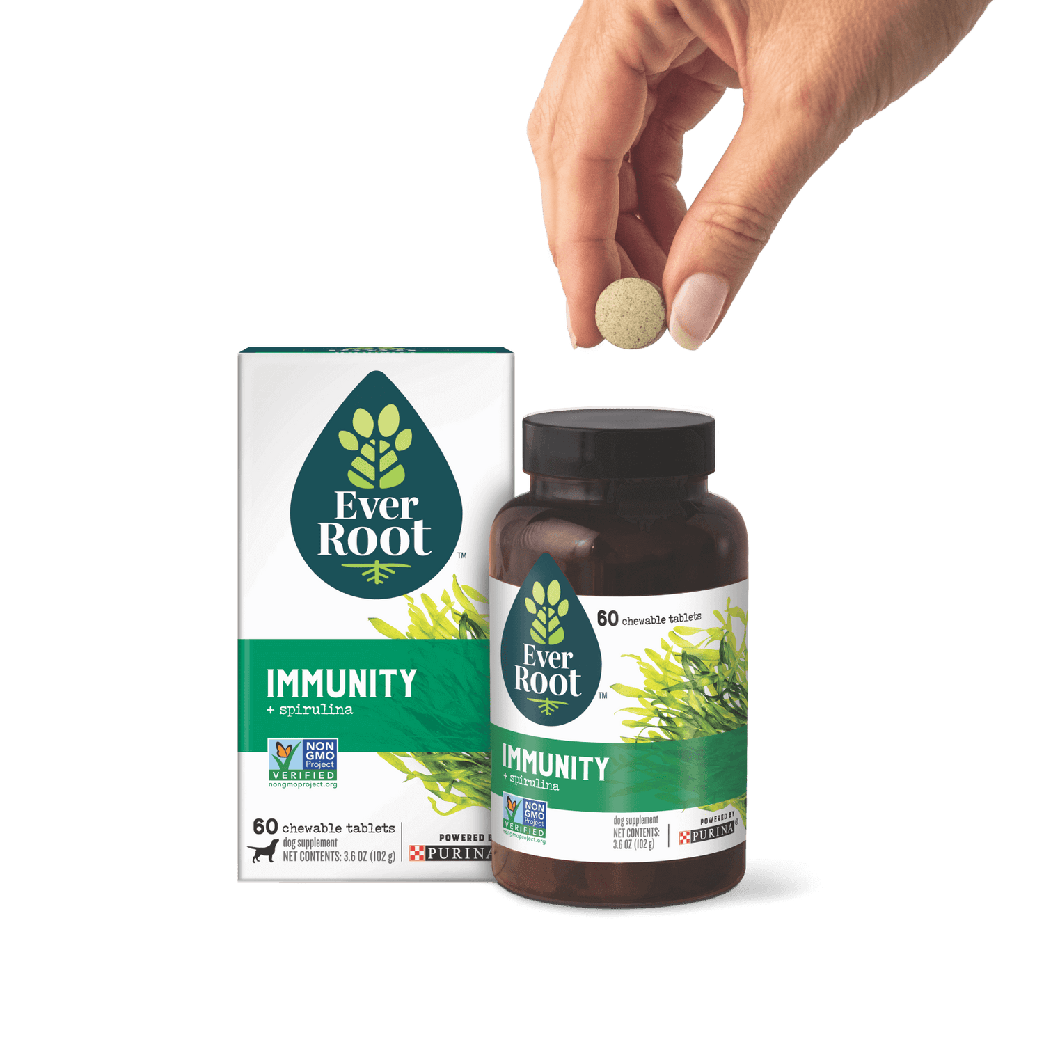 EverRoot Immunity Chewable Tablets with packaging and hand holding tablet