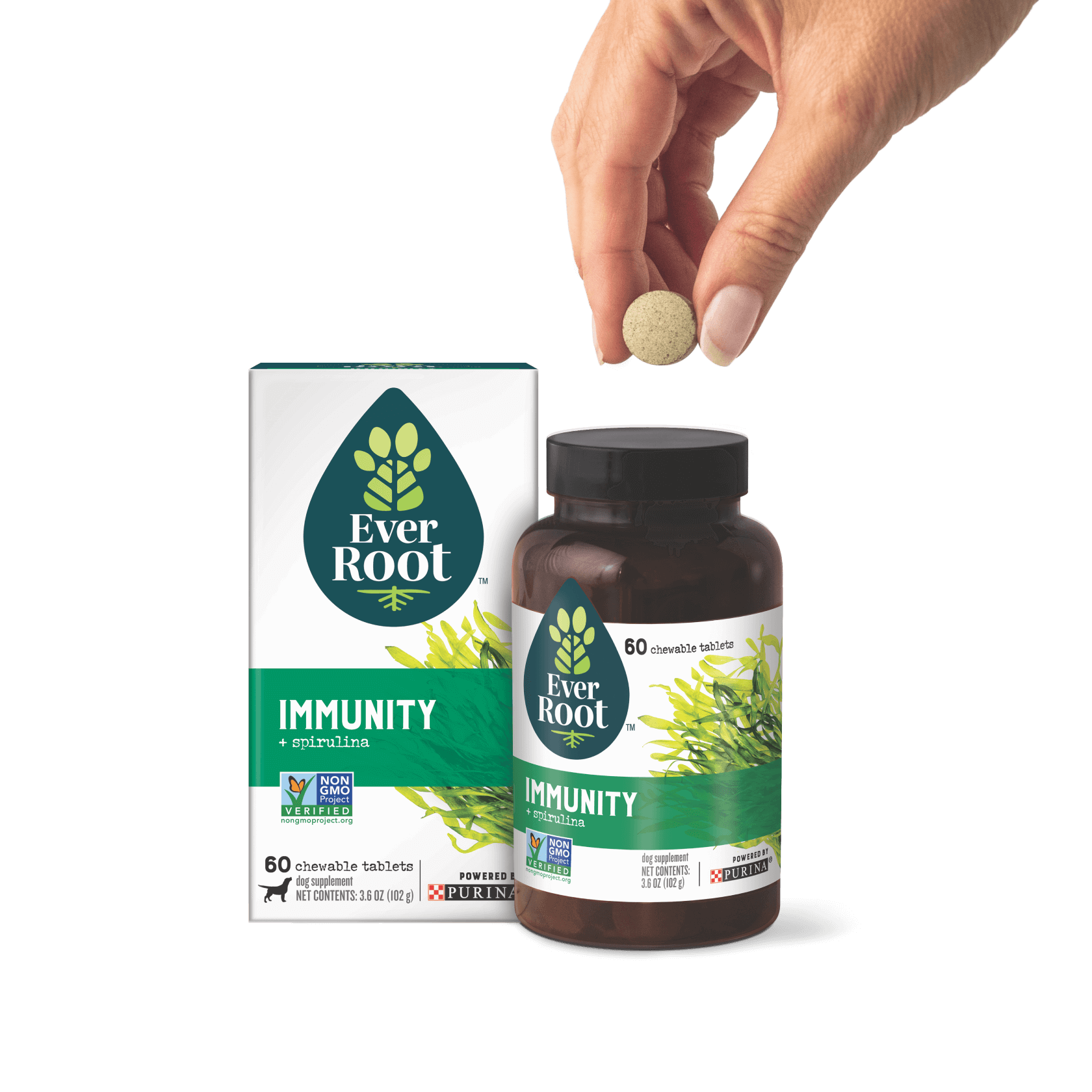 EverRoot Immunity Chewable Tablets with packaging and hand holding tablet