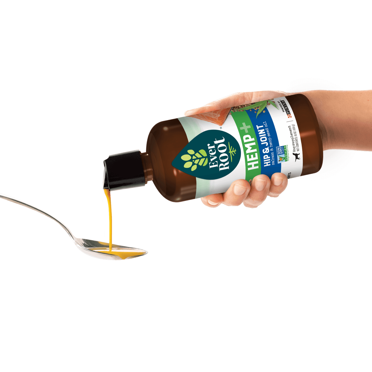 EverRoot Hip & Joint Salmon and Hemp Seed Oil Bottle poured onto spoon