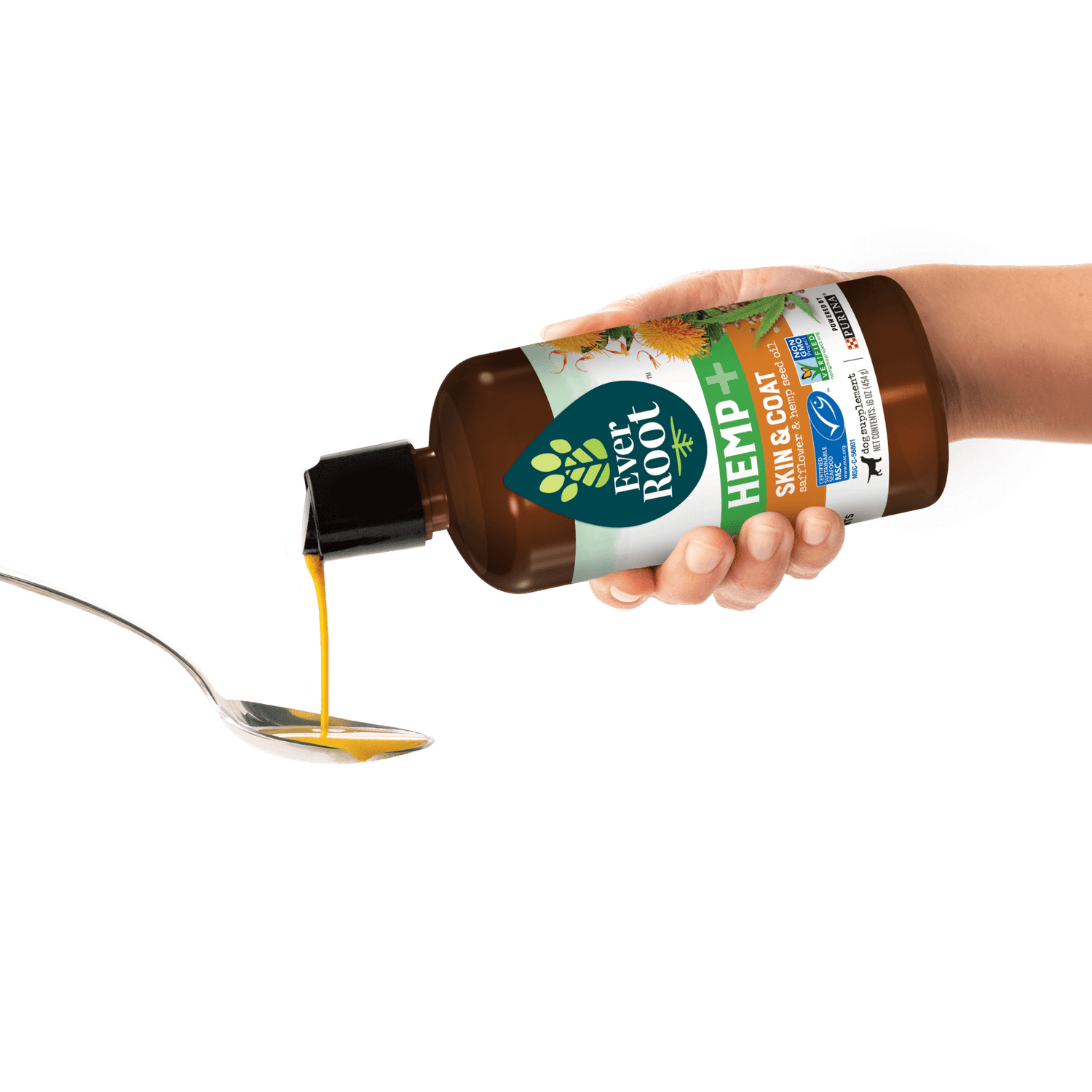 EverRoot Skin & Coat Safflower and Hemp Seed Oil Bottle poured onto spoon