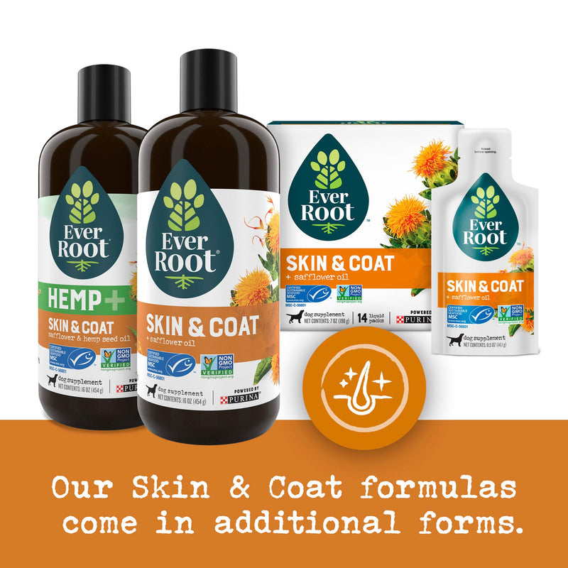 Skin & Coat product line carton, bottles and pouch